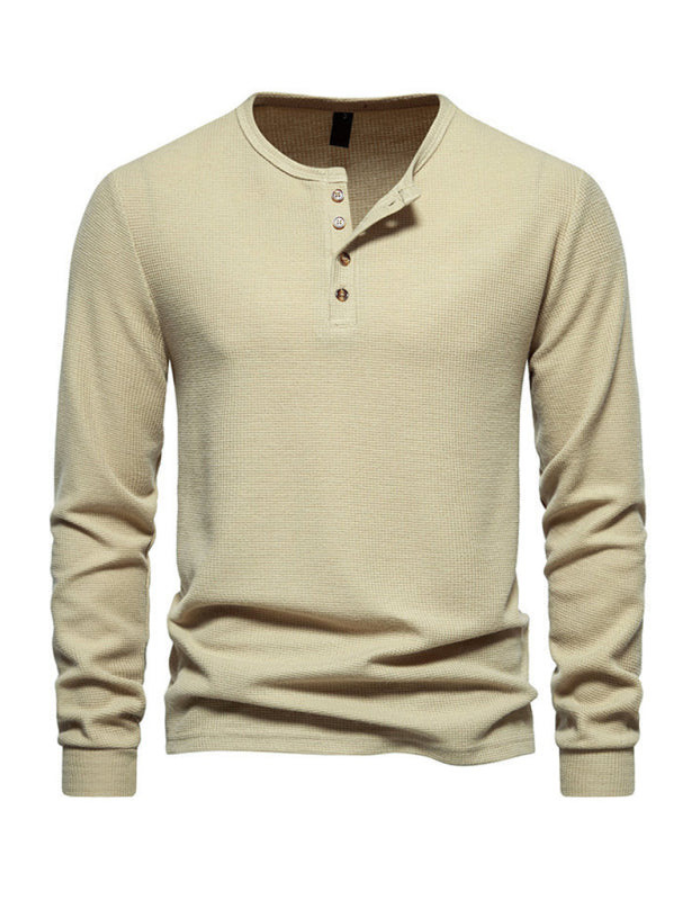 SHOPIQAT Men's Four Button Waffle Henley Neck Long Sleeve T-Shirt - Premium  from shopiqat - Just $8.550! Shop now at shopiqat