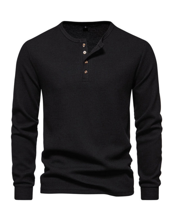 SHOPIQAT Men's Four Button Waffle Henley Neck Long Sleeve T-Shirt - Premium  from shopiqat - Just $8.550! Shop now at shopiqat