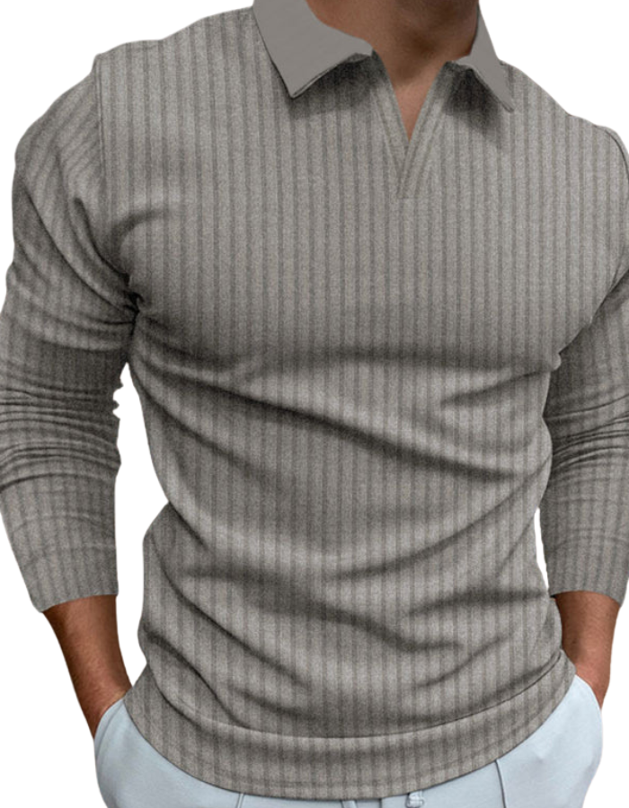 SHOPIQAT Casual Stand-Up Collar Stretch Vertical Strip Long-Sleeve V-Neck Polo Shirt - Premium  from shopiqat - Just $8.250! Shop now at shopiqat