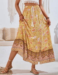 SHOPIQAT New Casual Bohemian Printed Waist Drawstring Skirt