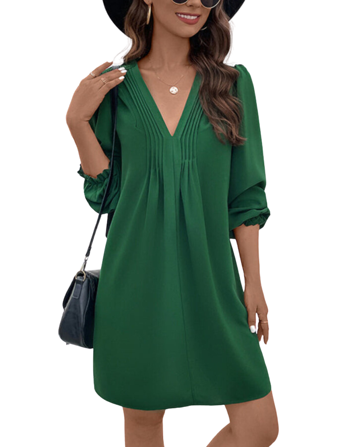 SHOPIQAT Women's V-Neck Smocked Long-Sleeved Dress - Premium Dresses from shopiqat - Just $10.300! Shop now at shopiqat