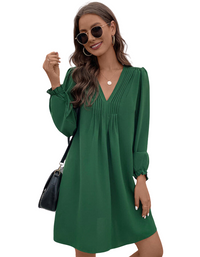 SHOPIQAT Women's V-Neck Smocked Long-Sleeved Dress - Premium Dresses from shopiqat - Just $10.300! Shop now at shopiqat