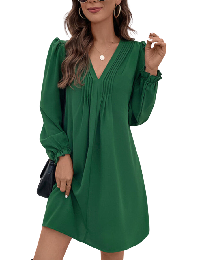 SHOPIQAT Women's V-Neck Smocked Long-Sleeved Dress - Premium Dresses from shopiqat - Just $10.300! Shop now at shopiqat