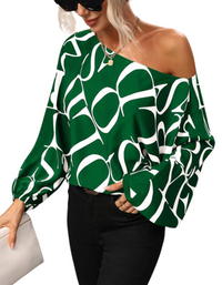 SHOPIQAT Women's Alphabet Print One Shoulder Loose Balloon Sleeve Top - Premium  from shopiqat - Just $7.250! Shop now at shopiqat