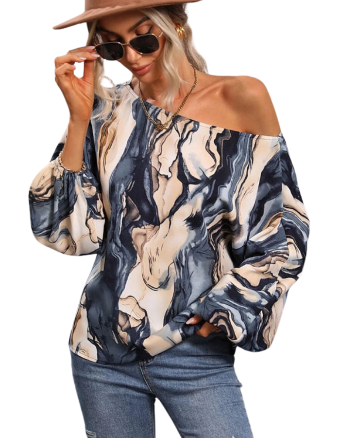 SHOPIQAT Women's Alphabet Print One Shoulder Loose Balloon Sleeve Top - Premium  from shopiqat - Just $7.250! Shop now at shopiqat