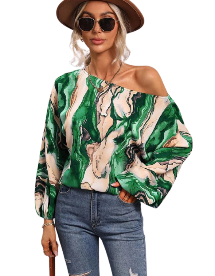 SHOPIQAT Women's Alphabet Print One Shoulder Loose Balloon Sleeve Top - Premium  from shopiqat - Just $7.250! Shop now at shopiqat