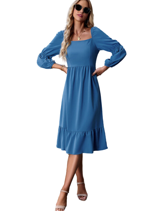 SHOPIQAT Women's Elegant Solid Color Square Neck Long Sleeve Dress - Premium Dresses from shopiqat - Just $11.200! Shop now at shopiqat