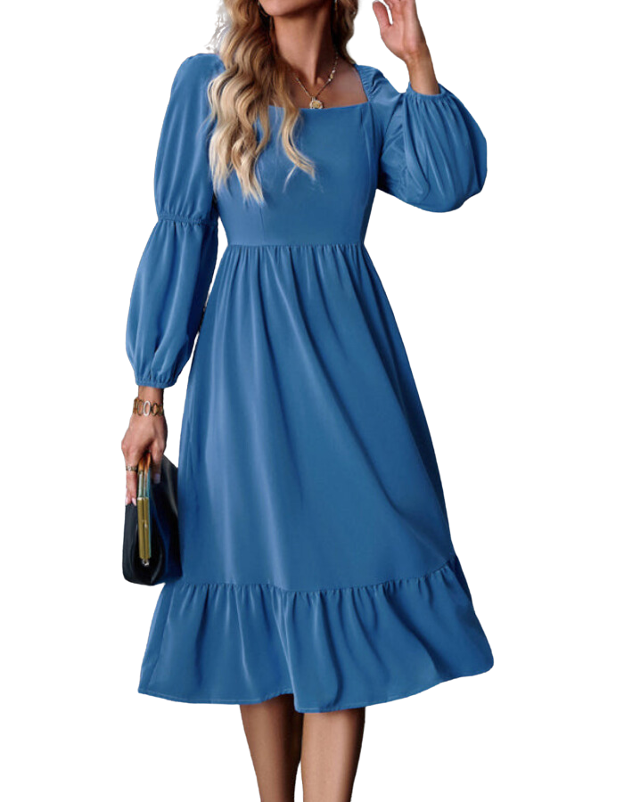 SHOPIQAT Women's Elegant Solid Color Square Neck Long Sleeve Dress - Premium Dresses from shopiqat - Just $11.200! Shop now at shopiqat