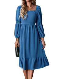 SHOPIQAT Women's Elegant Solid Color Square Neck Long Sleeve Dress - Premium Dresses from shopiqat - Just $11.200! Shop now at shopiqat