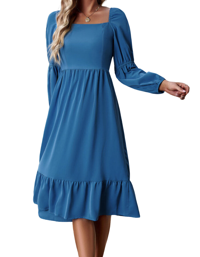 SHOPIQAT Women's Elegant Solid Color Square Neck Long Sleeve Dress - Premium Dresses from shopiqat - Just $11.200! Shop now at shopiqat