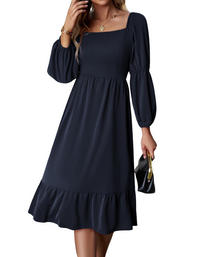 SHOPIQAT Women's Elegant Solid Color Square Neck Long Sleeve Dress - Premium Dresses from shopiqat - Just $11.200! Shop now at shopiqat