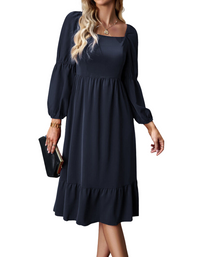 SHOPIQAT Women's Elegant Solid Color Square Neck Long Sleeve Dress - Premium Dresses from shopiqat - Just $11.200! Shop now at shopiqat