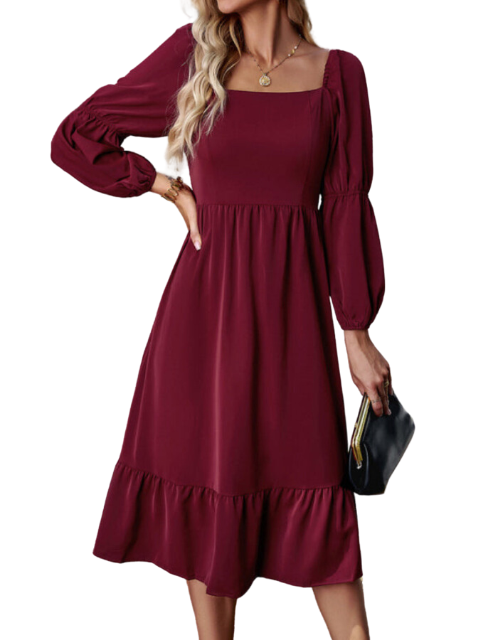 SHOPIQAT Women's Elegant Solid Color Square Neck Long Sleeve Dress - Premium Dresses from shopiqat - Just $11.200! Shop now at shopiqat