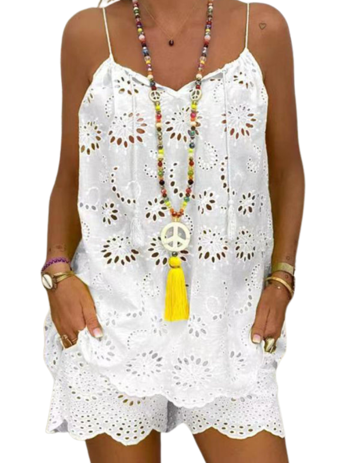 SHOPIQAT New Women's Sleeveless Drawstring Ruffled Hollow Camisole Embroidered Shorts Suit - Premium  from shopiqat - Just $9.700! Shop now at shopiqat