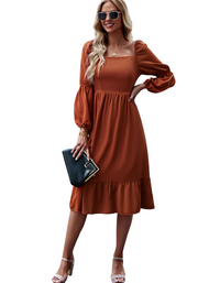 SHOPIQAT Women's Elegant Solid Color Square Neck Long Sleeve Dress - Premium Dresses from shopiqat - Just $11.200! Shop now at shopiqat