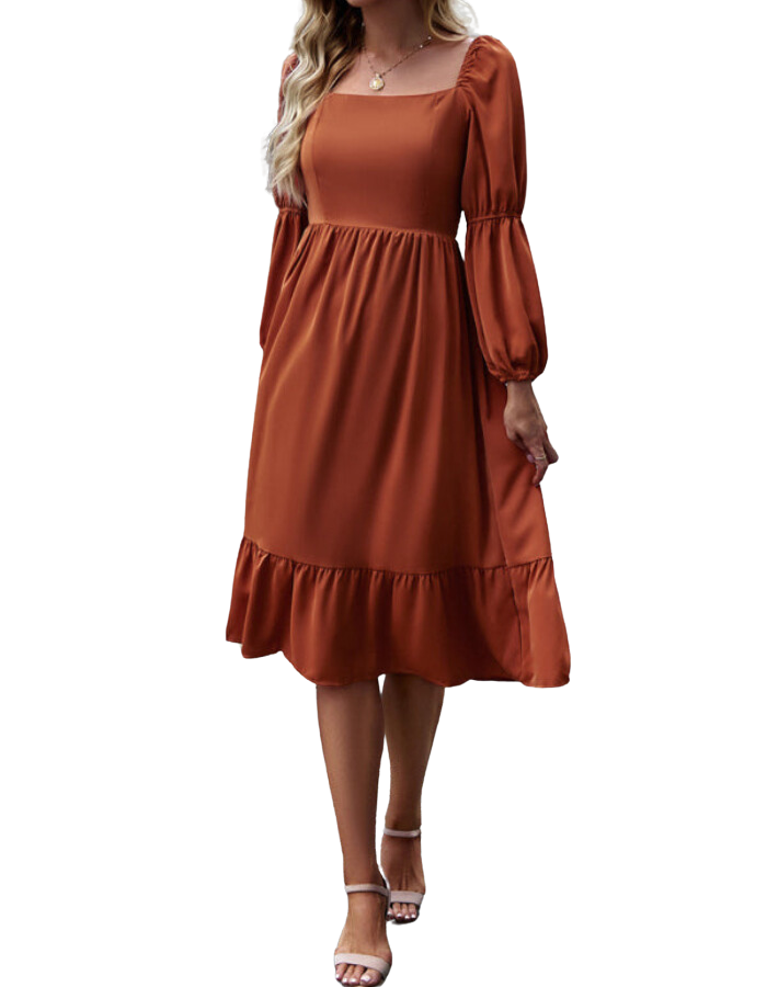 SHOPIQAT Women's Elegant Solid Color Square Neck Long Sleeve Dress - Premium Dresses from shopiqat - Just $11.200! Shop now at shopiqat