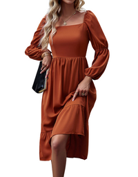 SHOPIQAT Women's Elegant Solid Color Square Neck Long Sleeve Dress