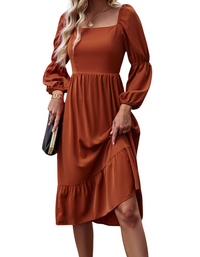 SHOPIQAT Women's Elegant Solid Color Square Neck Long Sleeve Dress