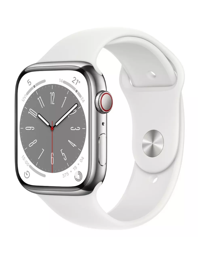 Apple Watch Series 8 GPS + Cellular 45mm Silver Stainless Steel Case with White Sport Band - Regular