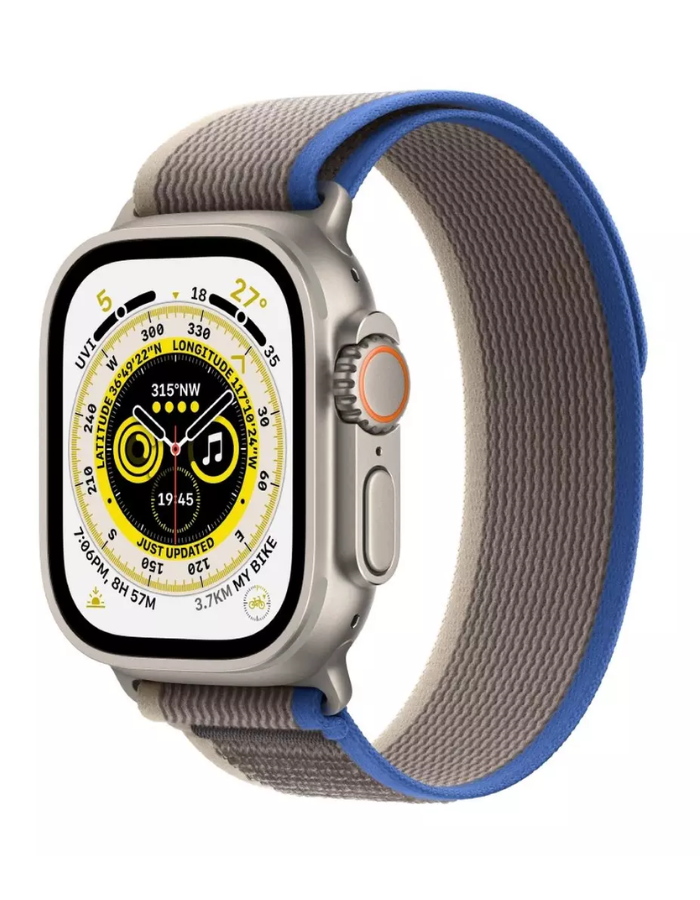 Apple Watch Ultra GPS + Cellular, 49mm Titanium Case with Blue/Gray Trail Loop - S/M