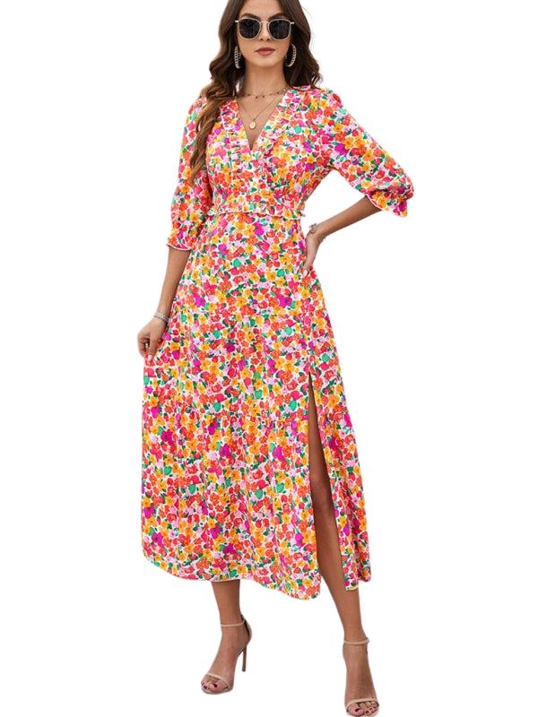 SHOPIQAT Spring and Summer New Holiday Casual Printed V-Neck Slit Dress - Premium  from shopiqat - Just $10.100! Shop now at shopiqat