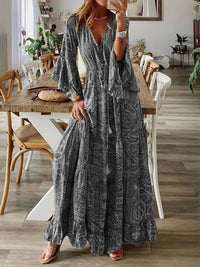 SHOPIQAT Bohemian Style Trumpet Sleeve Printed V-Neck High Waist Holiday Dress Floral Female Long Skirt - Premium  from shopiqat - Just $11.150! Shop now at shopiqat