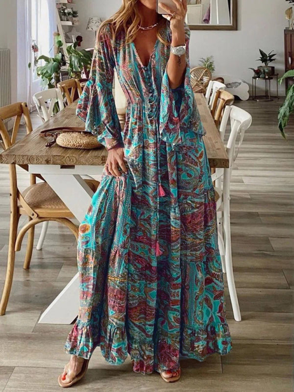 SHOPIQAT Bohemian Style Trumpet Sleeve Printed V-Neck High Waist Holiday Dress Floral Female Long Skirt - Premium  from shopiqat - Just $11.150! Shop now at shopiqat