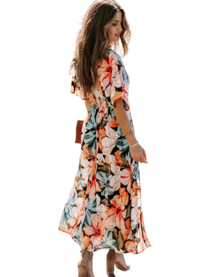 SHOPIQAT Orange Split Floral Long Dress - Premium  from shopiqat - Just $11.250! Shop now at shopiqat