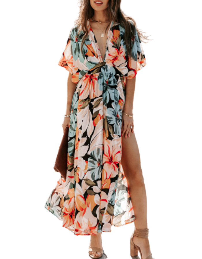 SHOPIQAT Orange Split Floral Long Dress - Premium  from shopiqat - Just $11.250! Shop now at shopiqat