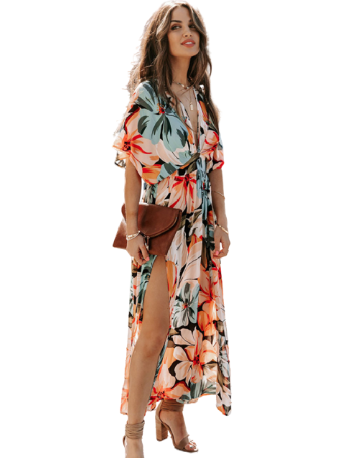 SHOPIQAT Orange Split Floral Long Dress - Premium  from shopiqat - Just $11.250! Shop now at shopiqat