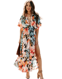 SHOPIQAT Orange Split Floral Long Dress - Premium  from shopiqat - Just $11.250! Shop now at shopiqat