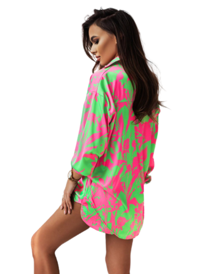 SHOPIQAT Bright Long Sleeve Notch Collar Top And Short Set