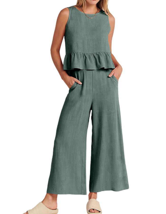 SHOPIQAT Ruffle Sleeveless Top With Matching Wide-leg Pants - Premium  from shopiqat - Just $8.200! Shop now at shopiqat