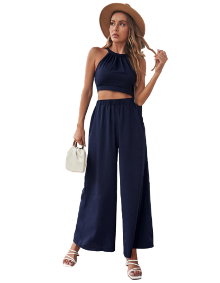 SHOPIQAT Cropped Halter-neck Top Wide Leg Pants Set - Premium  from shopiqat - Just $8.900! Shop now at shopiqat