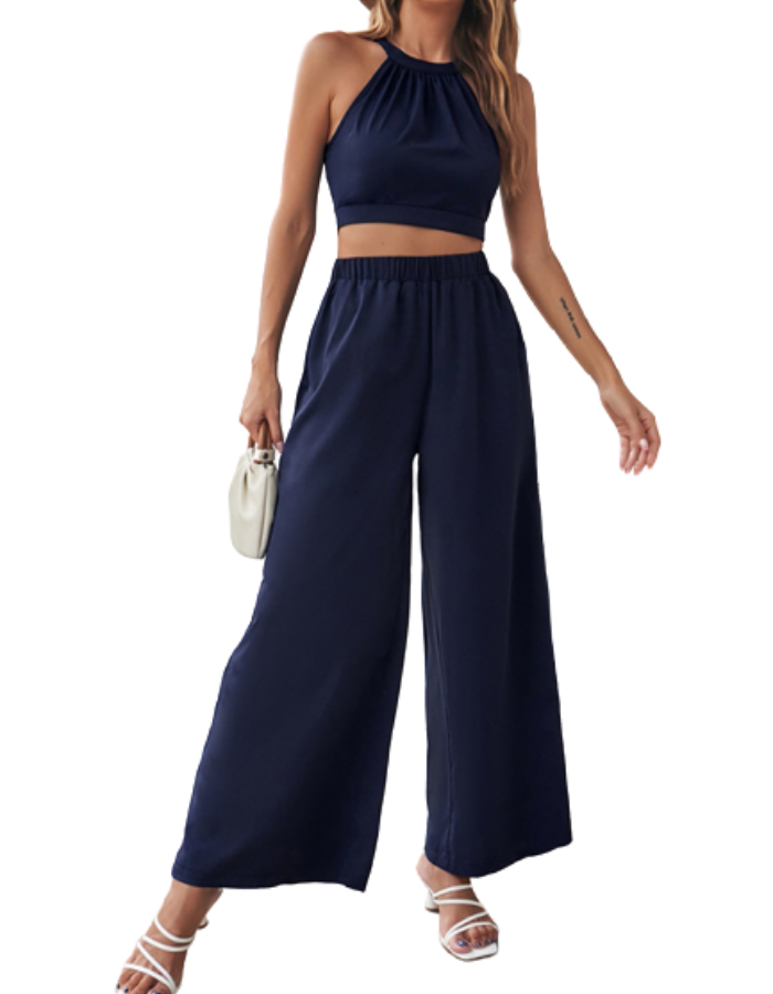 SHOPIQAT Cropped Halter-neck Top Wide Leg Pants Set - Premium  from shopiqat - Just $8.900! Shop now at shopiqat