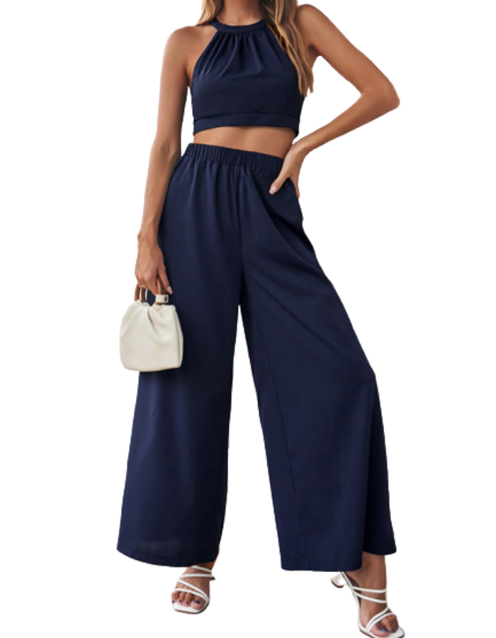 SHOPIQAT Cropped Halter-neck Top Wide Leg Pants Set - Premium  from shopiqat - Just $8.900! Shop now at shopiqat