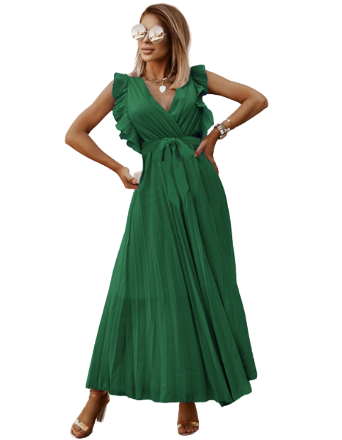 SHOPIQAT Curve Pleated Flutter Sleeve Tie Waist Maxi Dress - Premium  from shopiqat - Just $10.750! Shop now at shopiqat