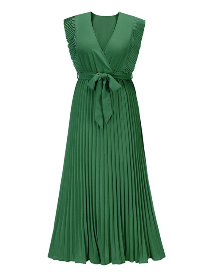 SHOPIQAT Curve Pleated Flutter Sleeve Tie Waist Maxi Dress - Premium  from shopiqat - Just $10.750! Shop now at shopiqat