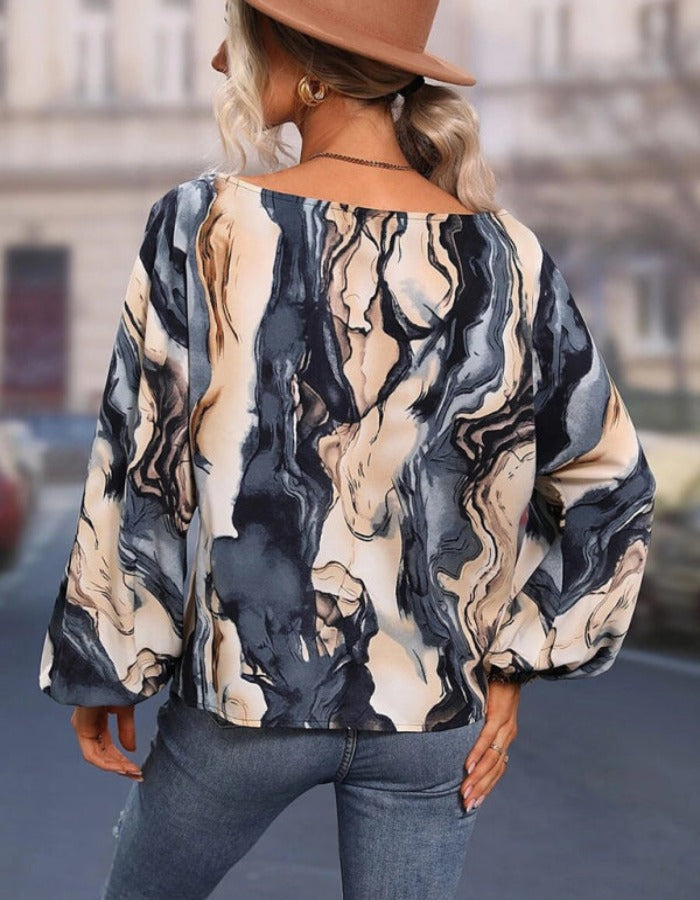 SHOPIQAT Women's Alphabet Print One Shoulder Loose Balloon Sleeve Top - Premium  from shopiqat - Just $7.250! Shop now at shopiqat