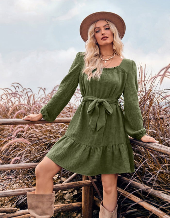 SHOPIQAT U-Neck Narrow Waist Long Sleeve Trendy Dress - Premium Dresses from shopiqat - Just $9.900! Shop now at shopiqat