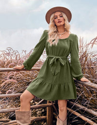 SHOPIQAT U-Neck Narrow Waist Long Sleeve Trendy Dress - Premium Dresses from shopiqat - Just $9.900! Shop now at shopiqat