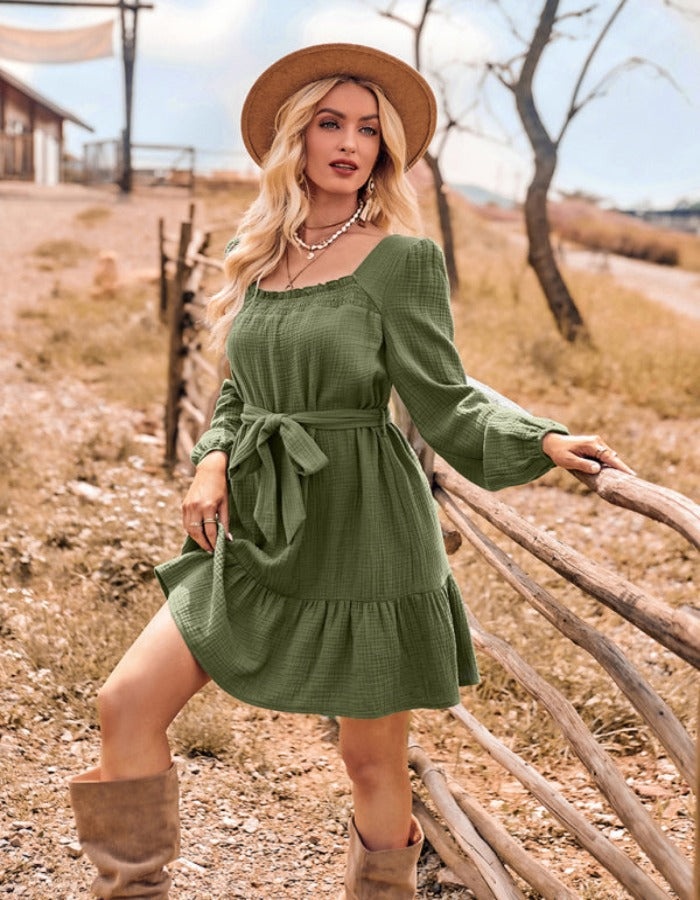 SHOPIQAT U-Neck Narrow Waist Long Sleeve Trendy Dress - Premium Dresses from shopiqat - Just $9.900! Shop now at shopiqat