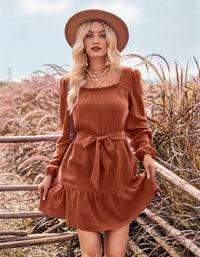 SHOPIQAT U-Neck Narrow Waist Long Sleeve Trendy Dress - Premium Dresses from shopiqat - Just $9.900! Shop now at shopiqat